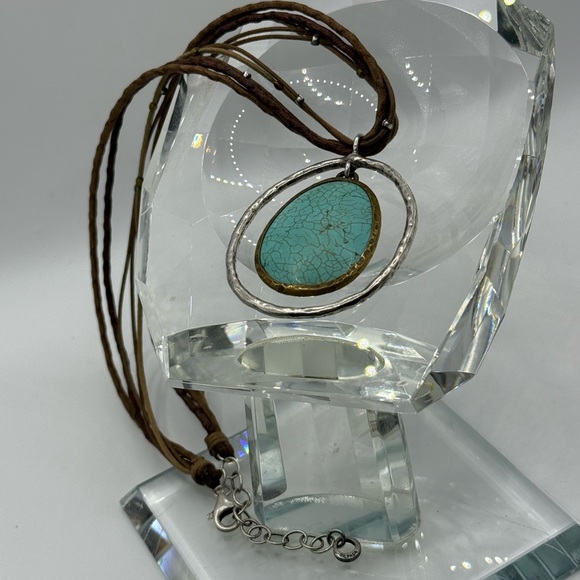 SILPADA STERLING & BRASS, TURQUOISE HOWLITE HALO PENDANT LEATHER NECKLACE - Picture 2 of 11